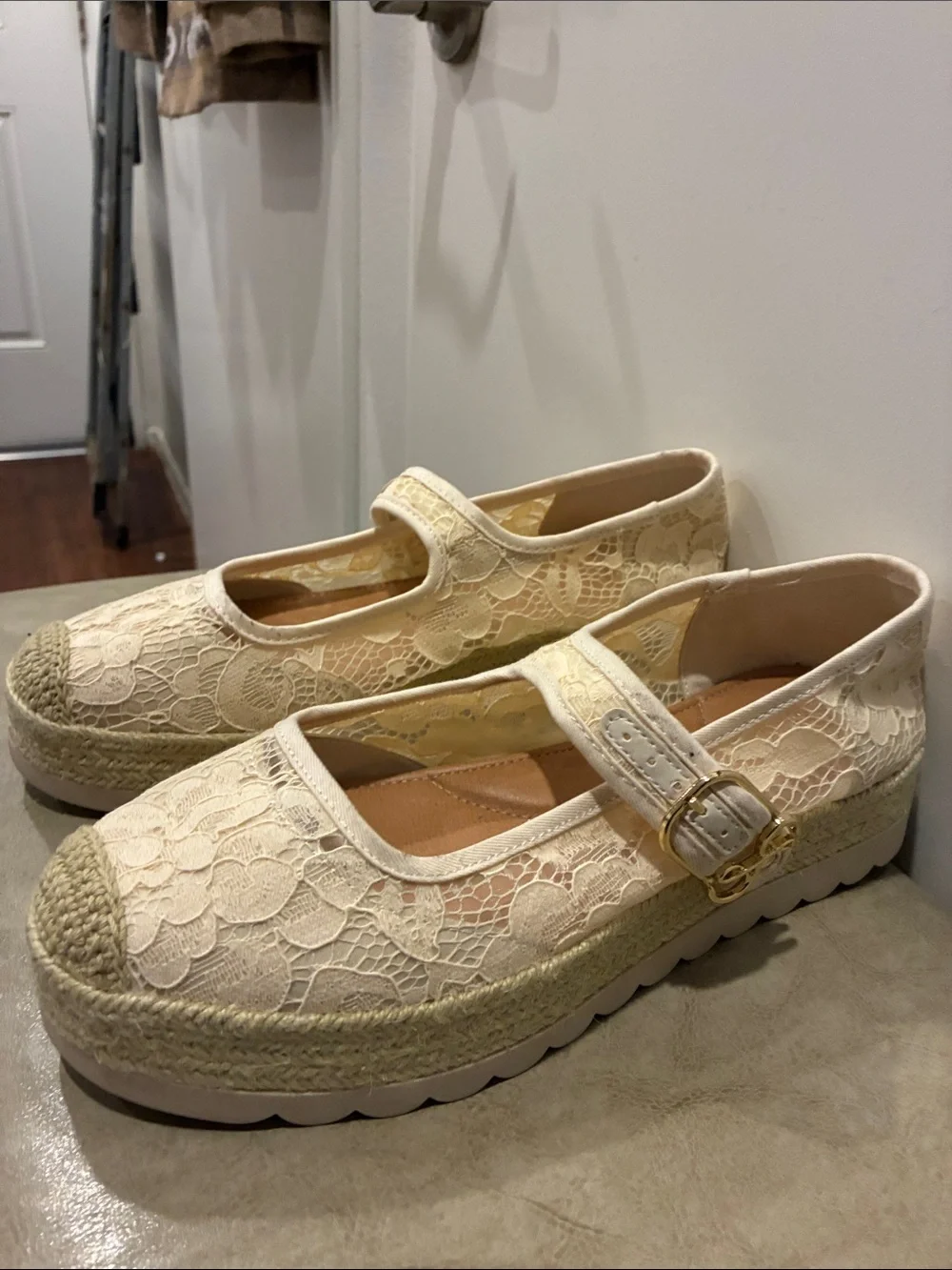 Sam & Libby Cream Lace Mary Jane Platform Espadrilles